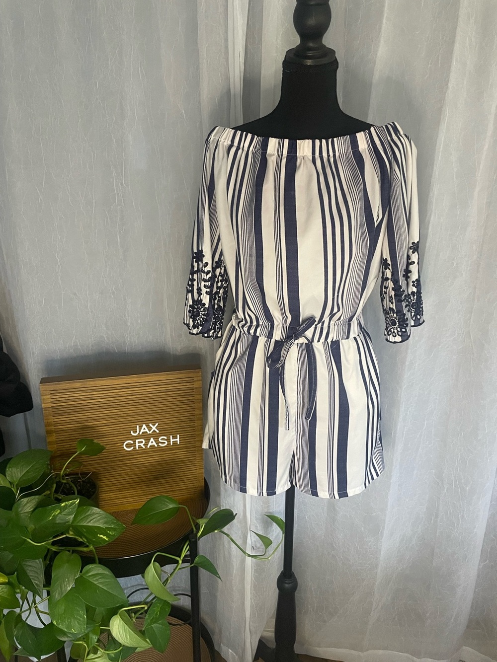 JAX CRASH Navy & White Striped Off-Shoulder Romper